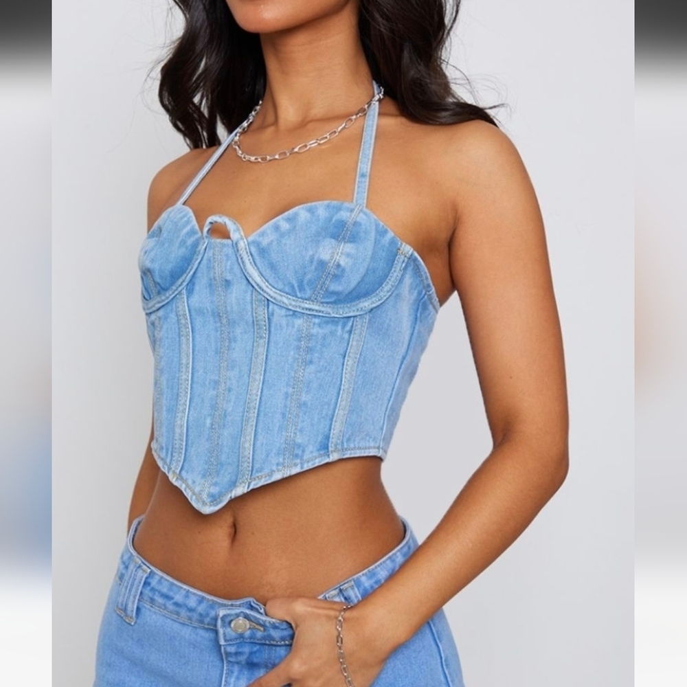 NWT PrettyLittleThing Petite Light Blue Wash Denim Seam Detail Corset